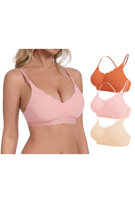3-Pack Women Wireless Seamless Bra Deep V Push Up Sports Bralettes Comfort Sleep Lingerie XL Apricot+Pink+Caramel