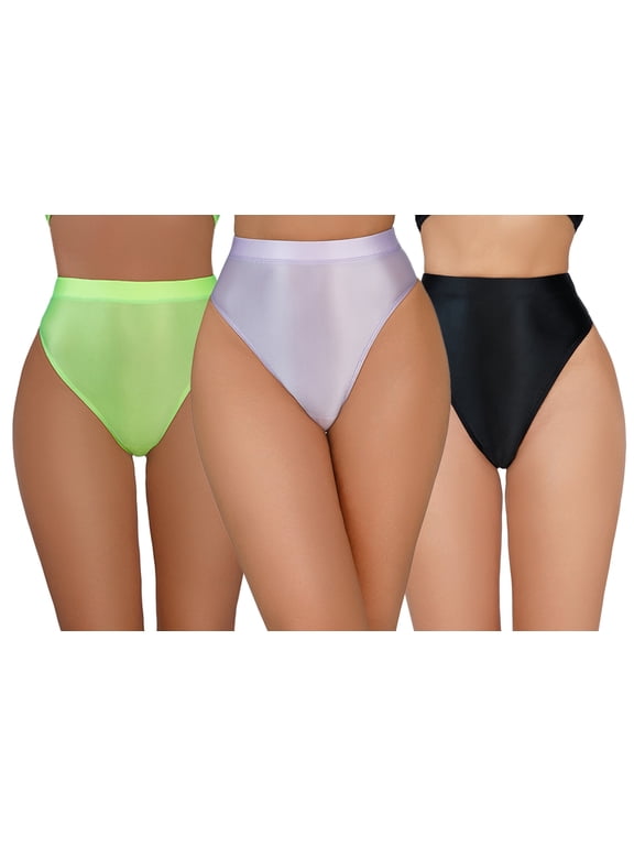 3 Pack Women's Shiny Oily Thong Panties Breathable See Through Sheer Thong Underwear High Waist Cheeky Glossy Briefs Black Green Purple L