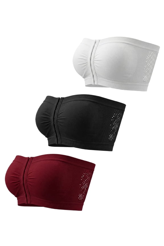 3 Pack Women's Strapless Bras Front Closure No Underwire Bralette Comfortable Breathable Tube Top for Everyday Comfort and Casual Black+White+Red L