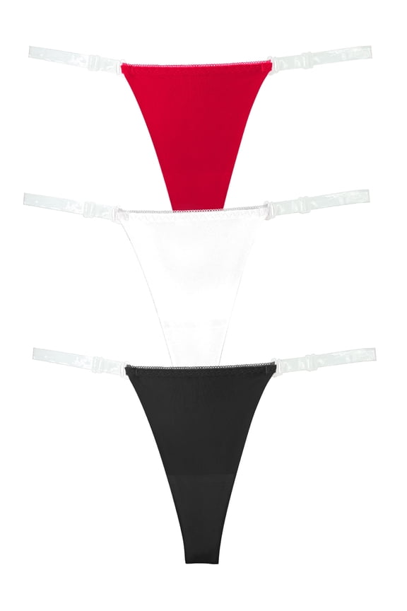 3 Pack Womens G-String Underwear Thong T-back Low Rise Panties Adjustable Seamless Clear Underwear Black White and Red L
