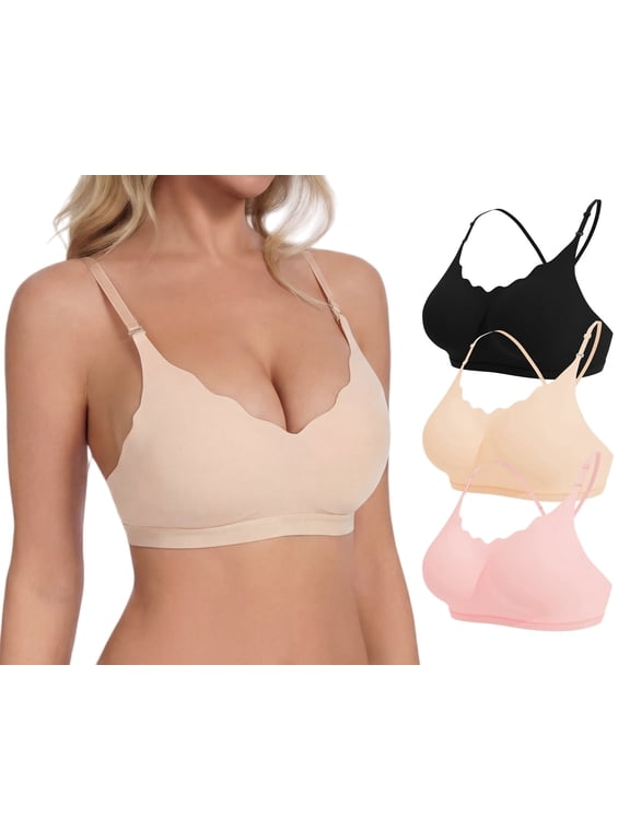 3 Pack Womens Seamless Lift Bras V-Neck Wirefree Bralettes Full Coverage Push Up Bra Comfort Sleep Lingerie L Black+Apricot+Pink