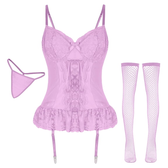 Ausing 3 Pieces Lingerie Sets for Women Lace Corset Bodysuit with Garte 1 Pair Fishnet Stocking Thong Lace Mesh Lingerie Dress L Purple