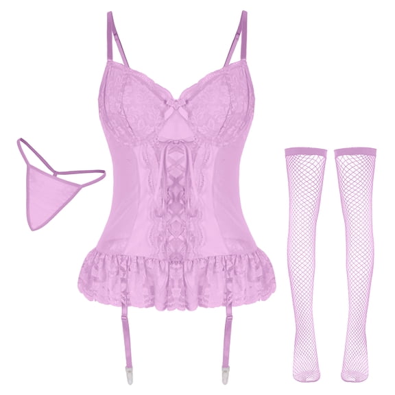Ausing 3 Pieces Lingerie Sets for Women Lace Corset Bodysuit with Garte 1 Pair Fishnet Stocking Thong Lace Mesh Lingerie Dress L Purple