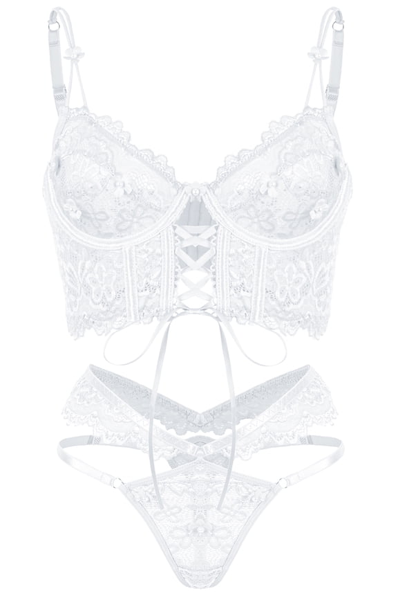 3D Floral Lace Corset Lingerie Womens Sheer Bra And Panty Sets 2 Piece Boudoir Outfits Adjustable Straps Underwire Underwear Lace up See Through Lingerie Outfits M White