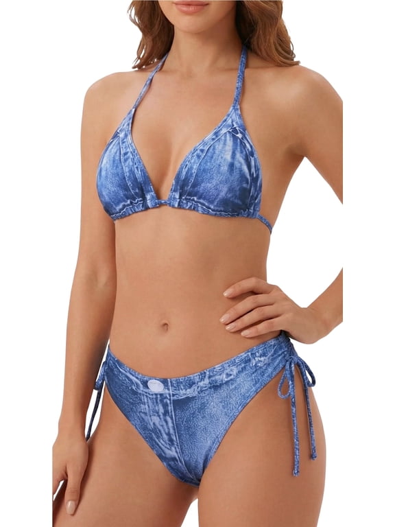 Bikini Sets for Women Halter Denim Print 2 Piece Sexy Triangle Tie Up Swimsuit Removable Pads Bathing Suit Low Waist Swimwear Blue L