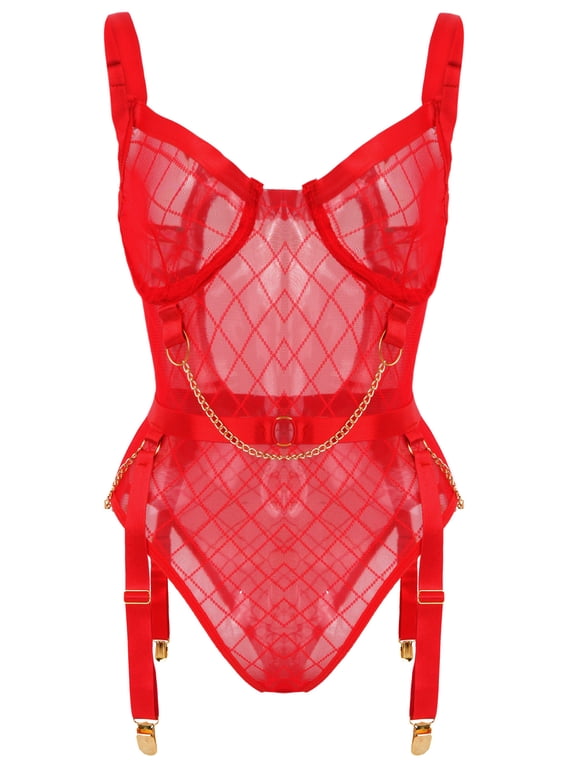 Bodysuit Lingerie for Women Mesh Teddy One Piece Garter Belt Mini Babydoll See Through Plus Size Adjustable Underwear Red 2XL
