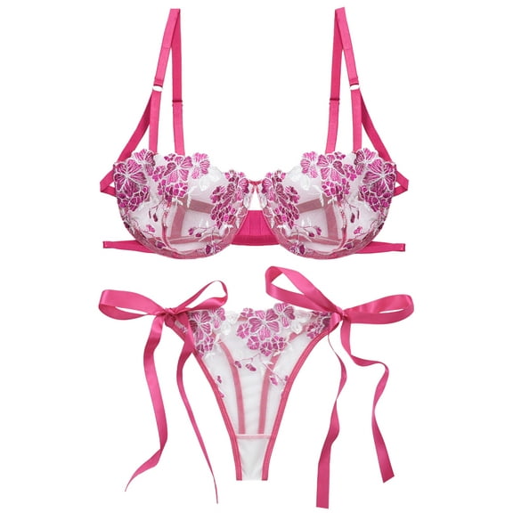 Ausing Bra and Panty Sets for Women Matching Underwear Bralettes Lace Mesh Push Up V Neck trappy Floral Embroidered Breathable Underwear 2 Piece Pink M