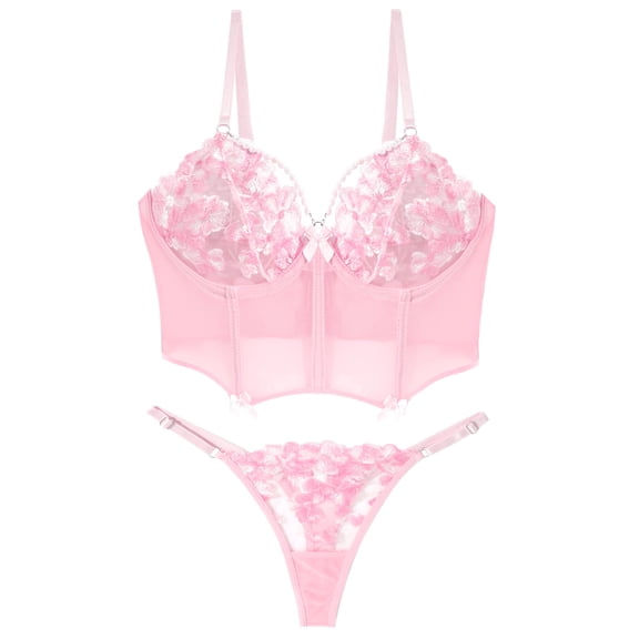 Ausing Bra and Panty Sets for Women Matching Underwear and Bralette Push Up Floral Embroidered Mesh Chain Strappy 2 Pieces Underwear Outfit Pink L