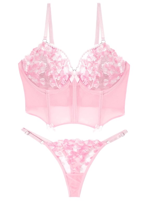 Bra and Panty Sets for Women Matching Underwear and Bralette Push Up Floral Embroidered Mesh Chain Strappy 2 Pieces Underwear Outfit Pink L