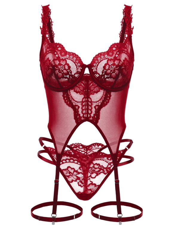 Corset lingerie sets women Lace Underwire Bustier and Panty Leg Loop 3 Piece Push Up Lace Embroidered Lingerie with Garter Belt M Burgundy