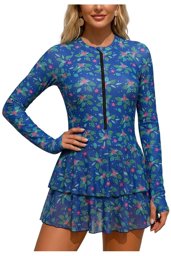 Floral Print Ruffle Skirt Swimwear One Piece Long Sleeve Rush Guard Swim Dress with Built Bra with Mesh Skirt S Navy Blue