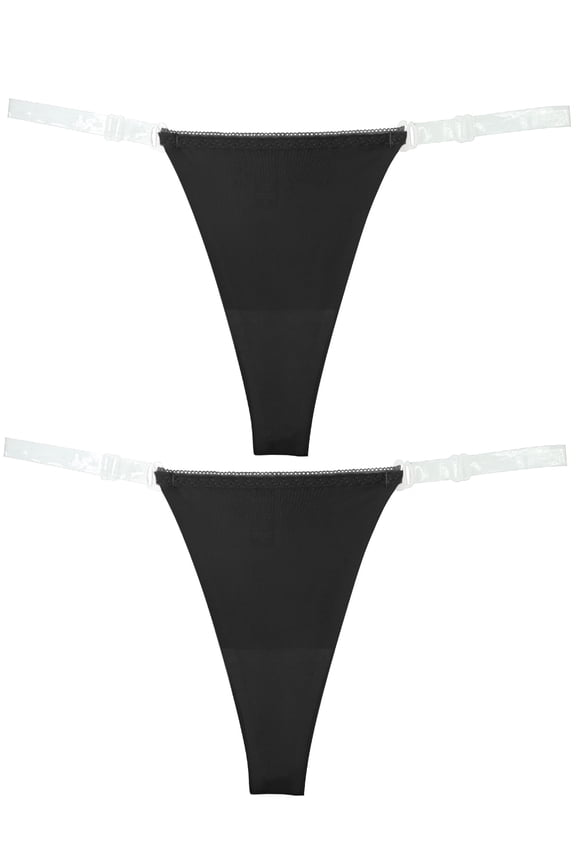 G-String Thongs for Women Invisible T-Back G String Thong Panties Adjustable Seamless Clear Stretch Underwear 2 Pack Black M