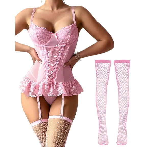 Ausing Garter Lingerie for Women Floral Lace Babydoll Bodysuit Bra and Panty Set with 1Pair Fishnet Stocking 3 Pieces