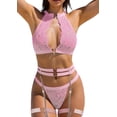 thumbnail image 1 of Ausing Garter Lingerie for Women Lace Underwire Push Up Bra and Panty Halter Heart Ring Chain Strappy Adjustable Rave Outfits Pink L, 1 of 7