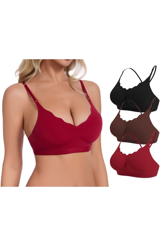 Jelly Bras for Women No Underwire Full Coverage Bralettes V-Neck Wirefree Lingerie Sports Bra Pack of 3 Black+Coffee+Red L