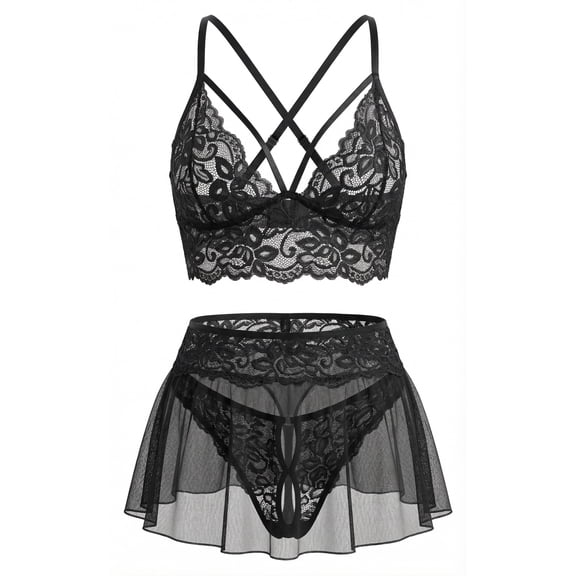 Ausing Lace Lingerie for Women 3 Piece Naughty Lingerie Deep V Wireless Bra Mesh Mini Skirt with G-String Crotchless Sleepwear Outfits Set L Black