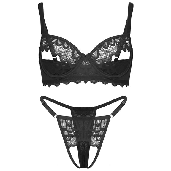 Ausing Lingerie Bra and Panty Set for Women Hollow Out 2 Piece Lace Floral Embroidery See Through Underwear Adjustable Straps Babydoll Suit Black XL