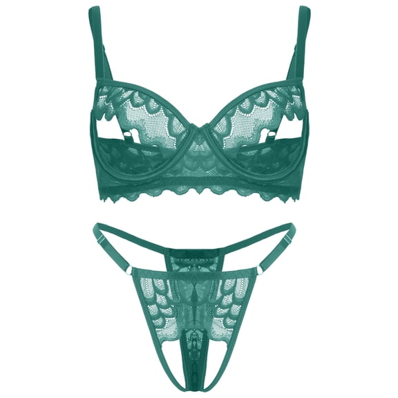 Ausing Lingerie Bra and Panty Set for Women Hollow Out 2 Piece Lace Floral Embroidery See Through Underwear Adjustable Straps Babydoll Suit Green XL