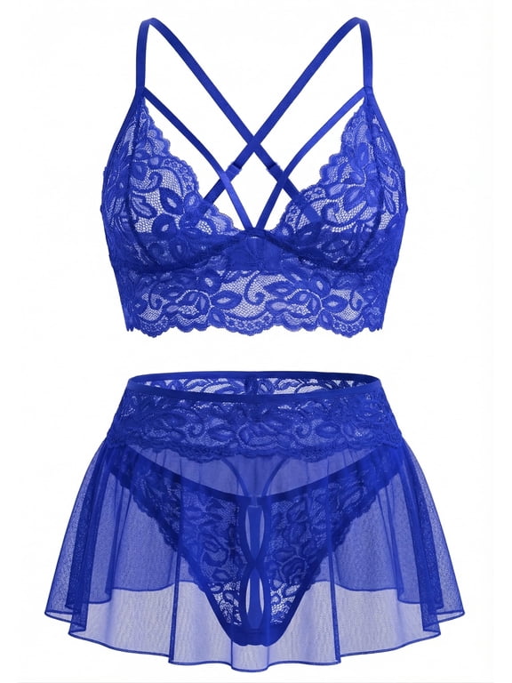 Lingerie Set for Women 3 Piece Lace Floral Mesh Sheer Mini Skirt with Panty Deep V Wireless Bralette Sexy Teddy Pajamas Valentines Otufits Rave See Through Night Gowns S Blue