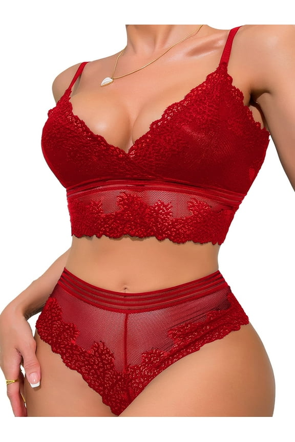 Lingerie Set for Women Matching Bra and Panty Lace Mesh Underwear Bralette Wireless Push Up Breathable High Waist Babydoll Outfits 2 Piece Red L