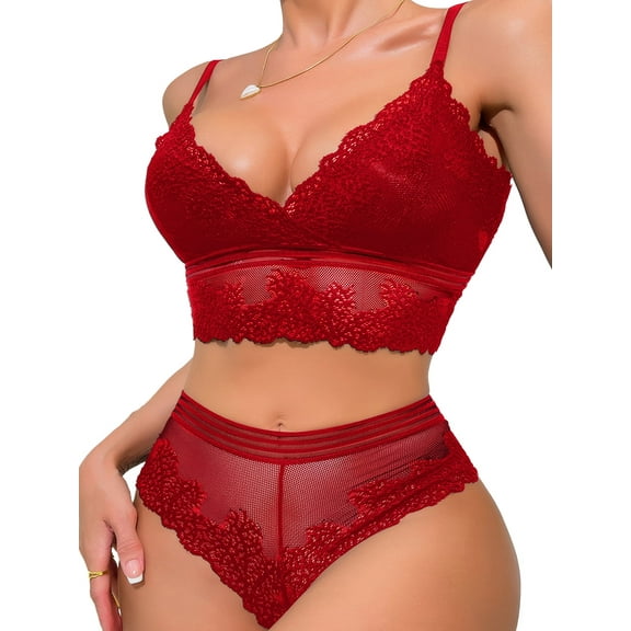 Ausing Lingerie Set for Women Matching Bra and Panty Lace Mesh Underwear Bralette Wireless Push Up Breathable High Waist Babydoll Outfits 2 Piece Red L