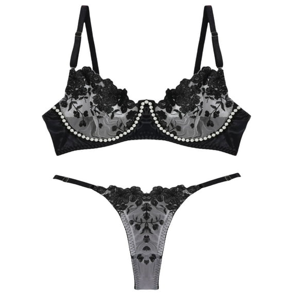 Ausing Lingerie Set for Women Push Up Matching Bra and Panty Floral Lace Mesh Underwire Embroidered Underwear 2 Piece Black S