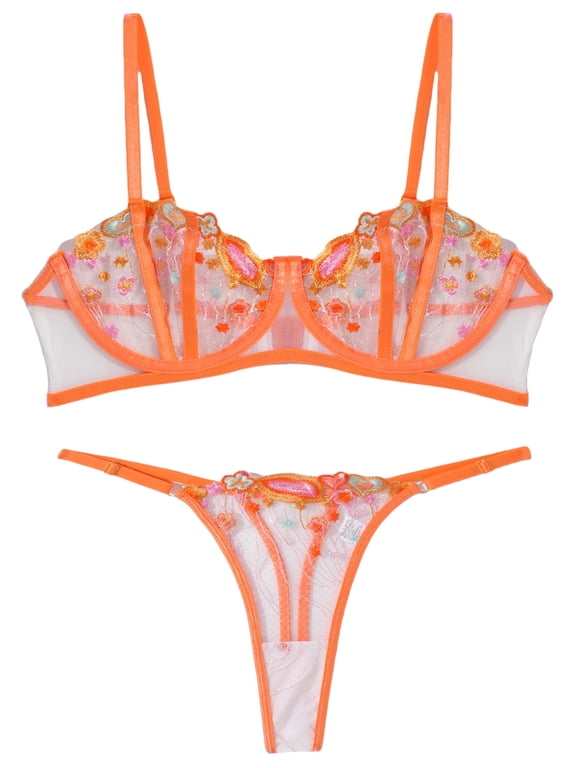 Lingerie Set for Women Push Up Matching Bra and Panty Floral Lace Mesh Underwire Embroidered Underwear 2 Piece Orange L