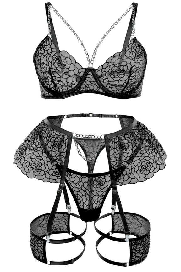 Lingerie Sets for Women Bra and Panty Set Teddy Babydoll Lace Ruffle Garter Belt Metal Chains Push Up Adjustable Outfits 3 Piece Black 2XL