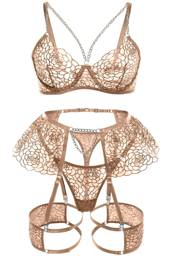 Lingerie Sets for Women Bra and Panty Set Teddy Babydoll Lace Ruffle Garter Belt Metal Chains Push Up Adjustable Outfits 3 Piece Khaki S