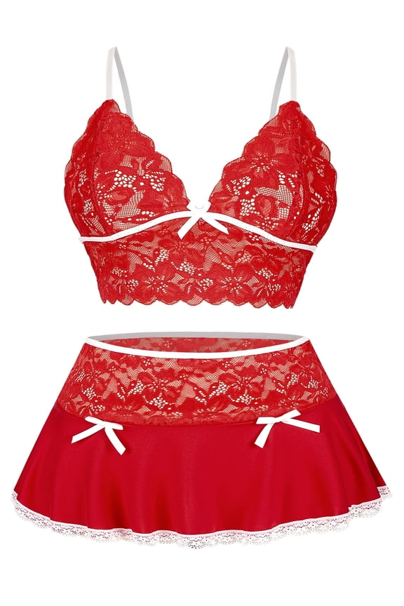 Lingerie Sets for Women Lace Mini Skirt Bra Sexy Floral Mesh Bow Babydoll High Waist Outfits 2 Piece Red M for Valentine's Day Birthday Gifts