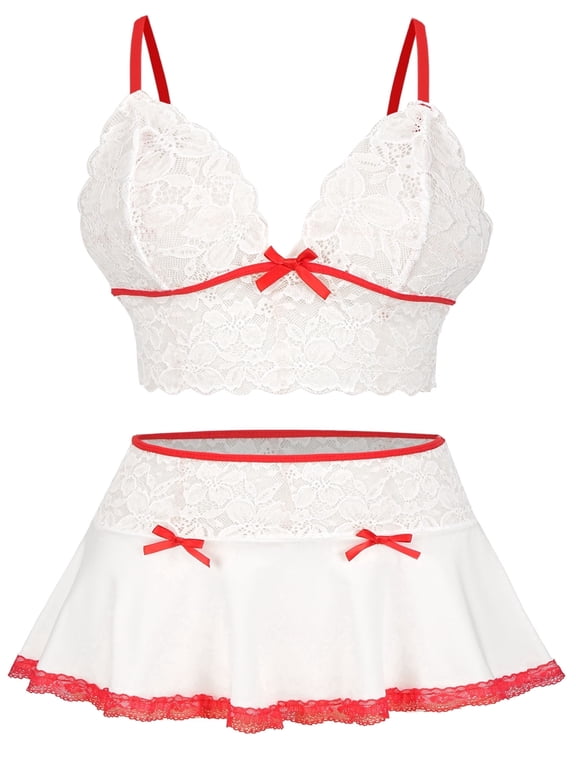 Lingerie Sets for Women Lace Mini Skirt Bra Sexy Floral Mesh Bow Babydoll High Waist Outfits 2 Piece White XL