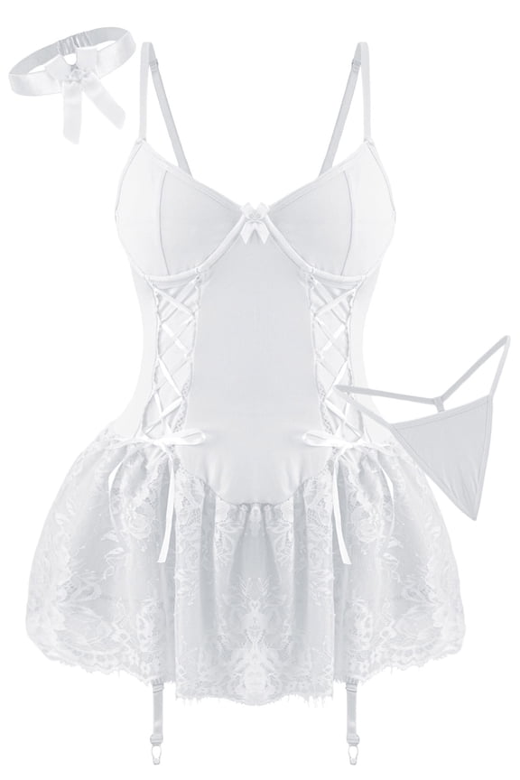 Lingerie Sets for Women Lace Up Babydoll Garter Belt Bow Tie Corset Bodysuit Ruffle Mini Dress with Panty Chemise Boudoir Nighty White S