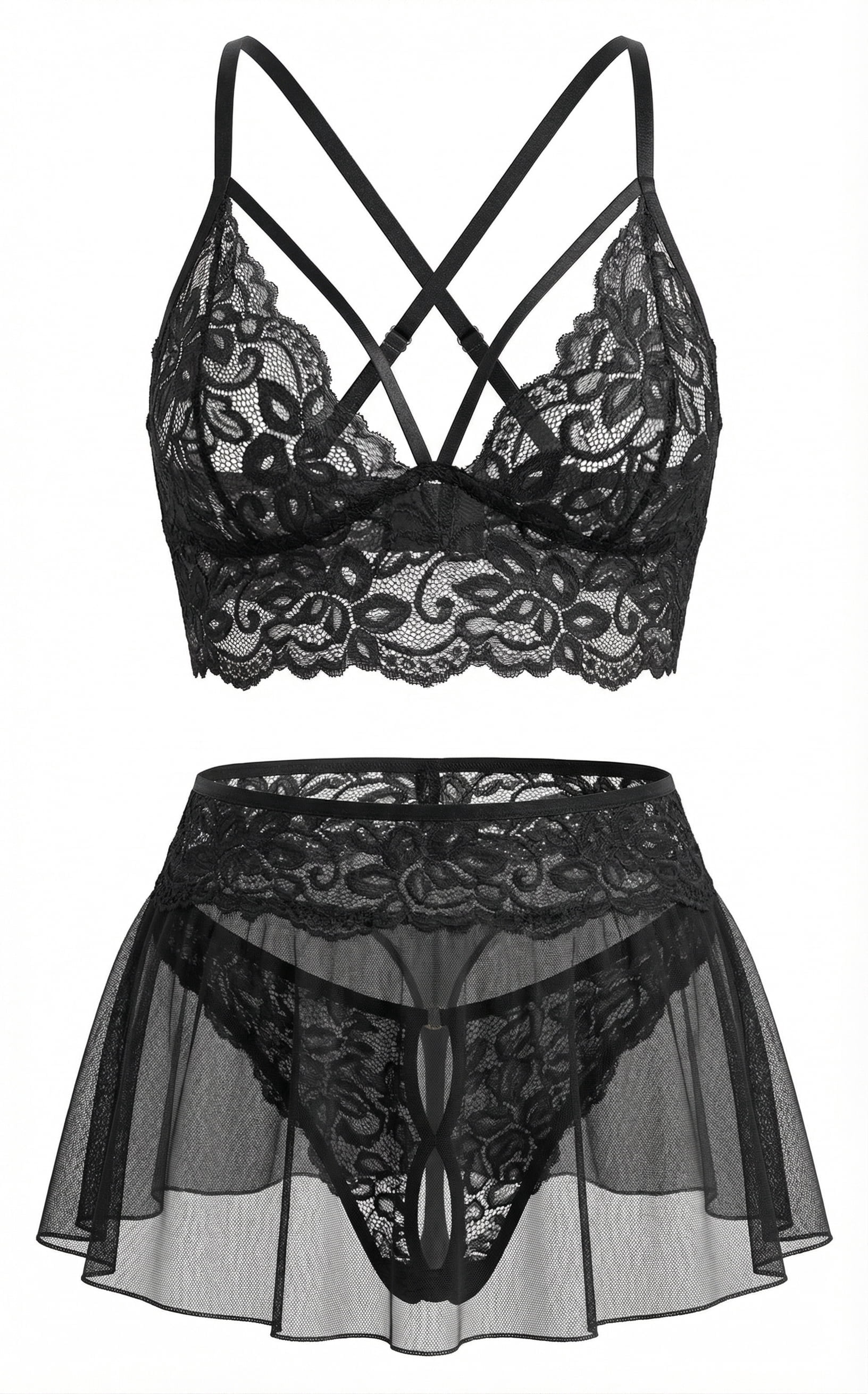 Lencería para Mujer 3 Piezas con Bralette de Encaje sin Tirantes, Falda Mini Transparente con Tanga sin Tapa, Conjunto Sexy para San Valentín, Talla XL, Negro
