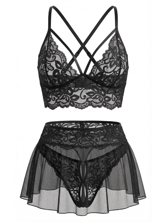 Lingerie for Women 3 Piece Lace Deep V Wireless Bralette Mesh Sheer Mini Skirt with G-String Crotchless Lingerie Outfits Set Valentines Night Gowns See Through Sleepwear XL Black