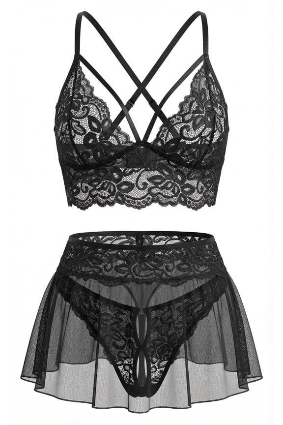 Lingerie for Women 3 Piece Lace Deep V Wireless Bralette Mesh Sheer Mini Skirt with G-String Crotchless Lingerie Outfits Set Valentines Night Gowns See Through Sleepwear XL Black