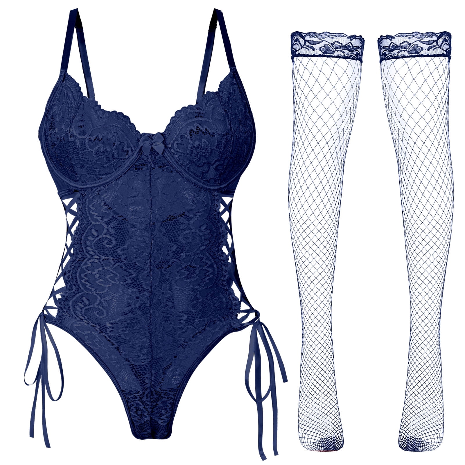 Ausing Lingerie for Women Teddy Bodysuit Lace Babydoll with Stocking One-Piece See Through Strappy Boudoir Outfit Navy blue L