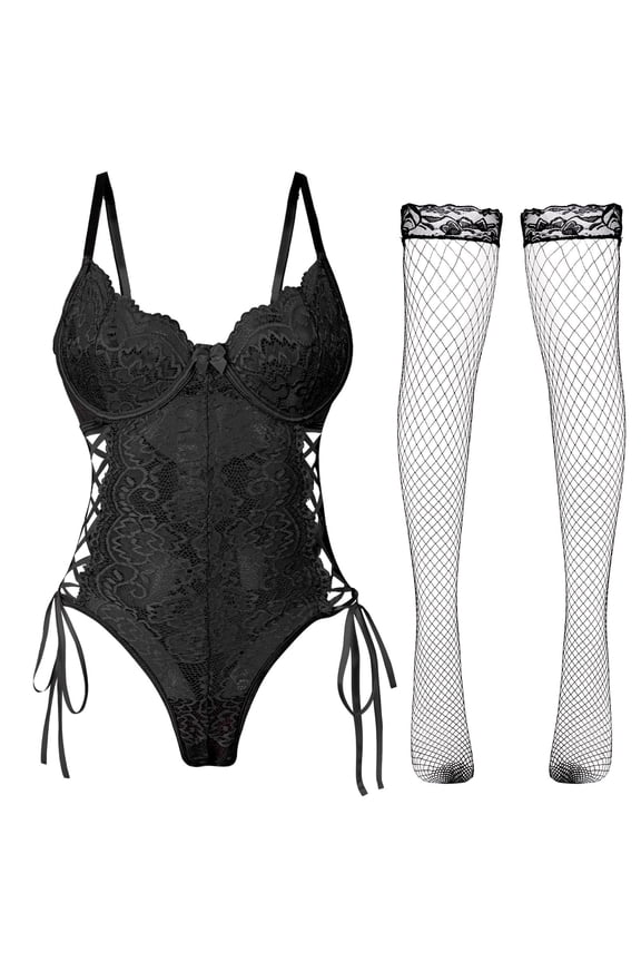 Lingerie for Women Valentine's Day Gifts Teddy Bodysuit Lace Babydoll with Stocking One-Piece See Through Strappy Sexy Boudoir Outfit Black L