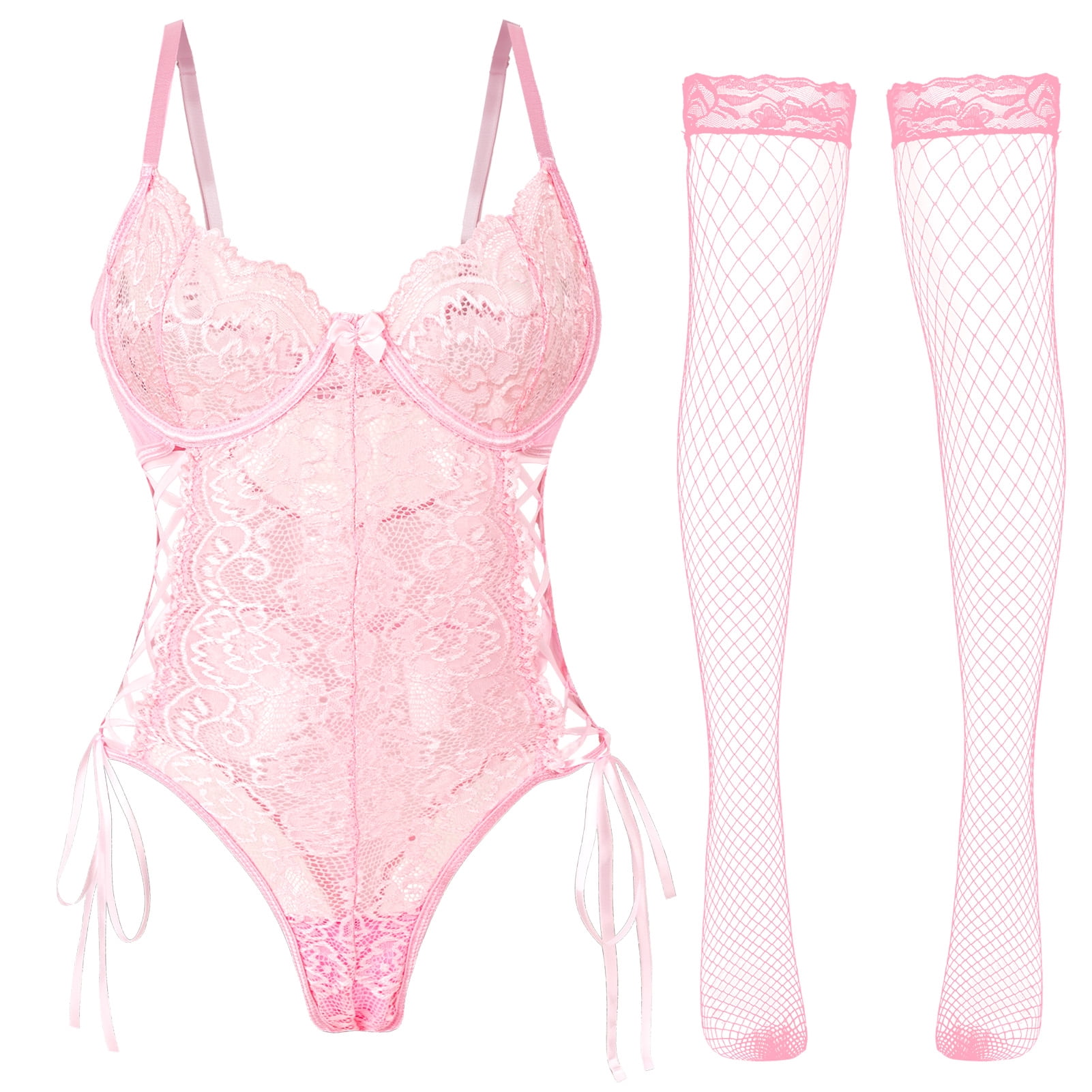 Ausing Lingerie for Women Teddy Bodysuit Lace Babydoll with Stocking One-Piece See Through Strappy Sexy Boudoir Outfit Pink L