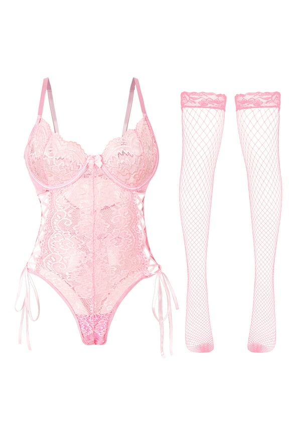Lingerie for Women Teddy Bodysuit Lace Babydoll with Stocking One-Piece See Through Strappy Sexy Boudoir Outfit Pink L