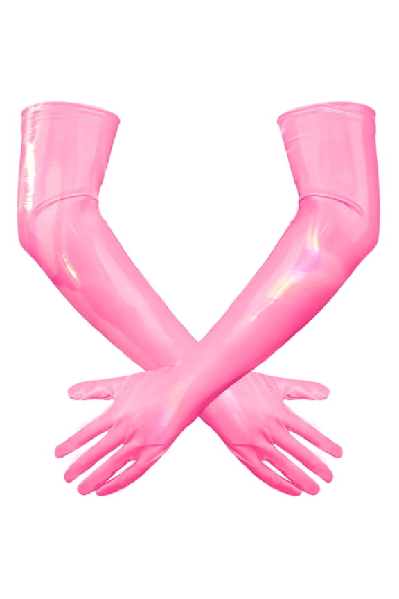 Long Gloves Women PU Leather Wet Look Shiny Metallic Gloves Elbow Length Club Outfits Accessory for Party Opera Fuchsia XS
