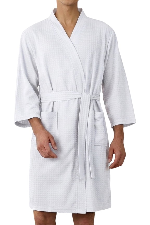 Long Waffle Kimono Spa Robe for Men Soft Summer Mens Bathrobe Lightweight Bath Robe with Pockets One Size Fits White XL-2XL