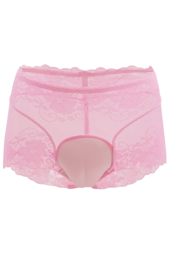 Men's Sheer Lace Briefs Low Rise Loose Breathable Underwear Transgender Panties Open Front Floral Lace Trunks 1 Pack Pink L