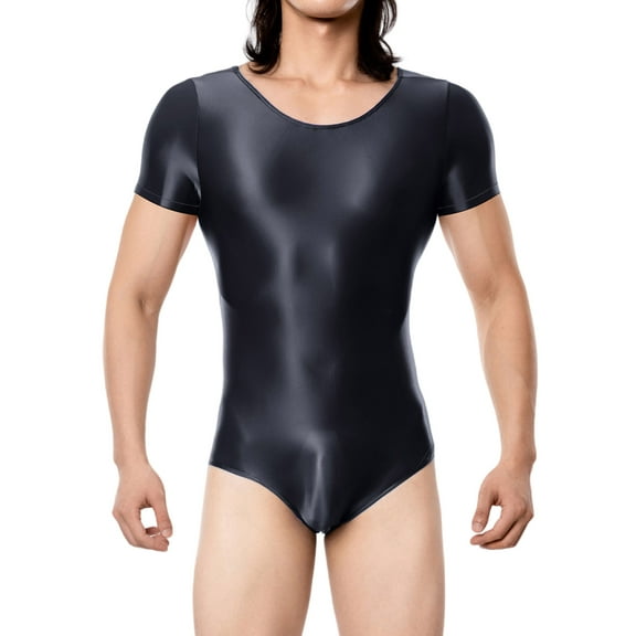 Ausing Mens Bodysuit Leotard Oil Glossy Jumpsuit Romper Shiny See Through Lingerie High Cut One Piece Short Sleeve Stretchy Nightwear Undershirt for Party Club Black XL