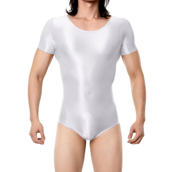 Ausing Mens Oil Glossy Bodysuit Leotard Shiny Jumpsuit Romper See Through One Piece Lingerie High Cut Short Sleeve Stretchy Nightwear Undershirt for Party Club White XL