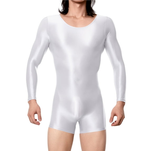 Ausing Mens Oil Glossy Bodysuit Leotard Shiny Jumpsuit Romper See Through One Piece Wet Look Lingerie High Cut Short Sleeve Stretchy Nightwear Undershirt for Party Club White XL