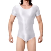 Ausing Mens Oil Glossy Lingerie High Cut Bodysuit Leotard Shiny One Piece Jumpsuit Romper See Through Short Sleeve Stretchy Undershirt Nightwear for Party Club White L