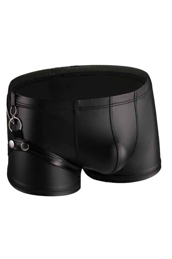 Mens PU Leather Boxer Briefs Low Rise Trunks Shorts Underwear With Chain Clubwear Black L