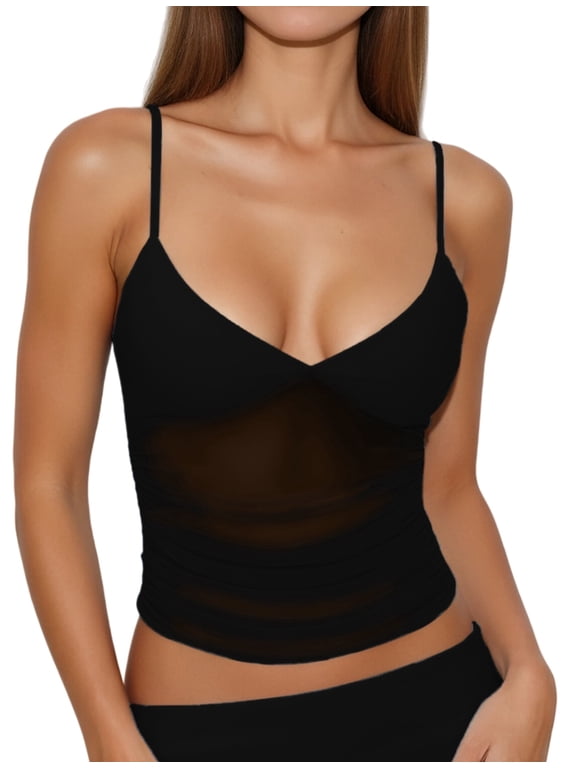 Mesh Sheer Sleeveless Tops for Women Slim Fitted Side Waist Cinch Camisole Summer Casual Blouse See Through Tank Black M