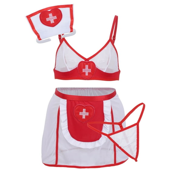Ausing Nurse Lingerie for Women Roleplay Lingerie Set Mini Skirt Bras Halloween Costumes Sets with Headpiece Panties Babydoll Sleepwear Night Club Outfits 4pc White S