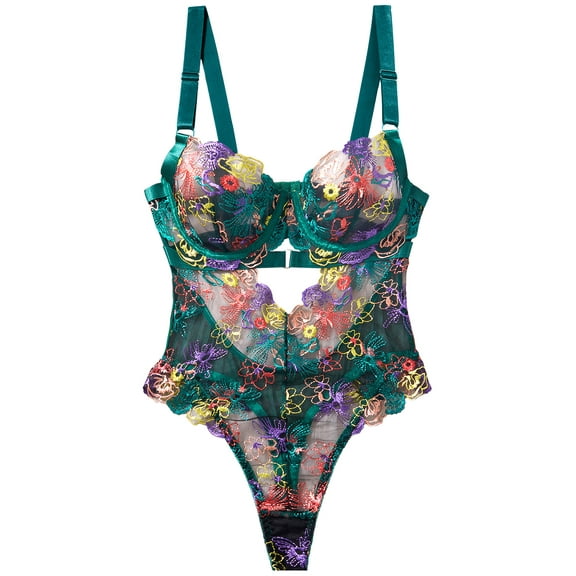 Ausing Sexy Lingerie for Women Lace Teddy One Piece Bodysuit Floral Lace Embroidered Mesh Mini Babydoll See Through Push Up Adjustable Underwear Green XL